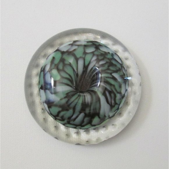 Peter Patterson Art Glass Paperweight Clear Bubbles Green Black Speckled Dome - Picture 1 of 9